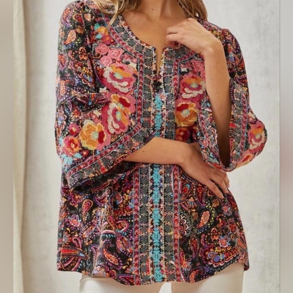 Savanna Jane Floral Bohemian Embroidered Tunic Top